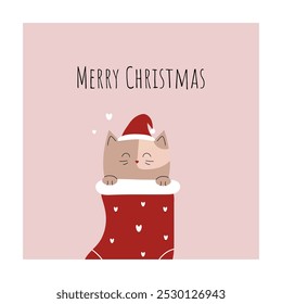 Merry Christmas. Cute cat in a sock in a santa hat. Greeting card, minimalist postcard. Winter mood. Hand drawn vector illustration.