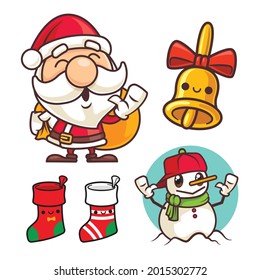 Merry Christmas cute character collection. Santa Claus, bell, gift socks and snowman vector set