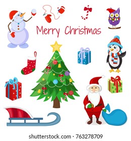 Merry christmas. Cute character. Vector illustration. Set of Christmas objects.