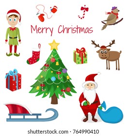 Merry christmas. Cute character. Vector illustration. Set of Christmas objects.