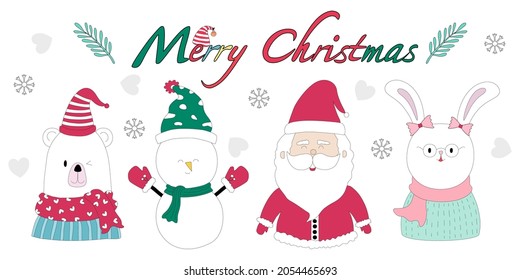 Merry Christmas with cute characters (clip art) designed in doodle style that can be applied to Christmas themes such as invitation cards, mugs, kids activities, t-shirts, pillows, fabric print, gift 