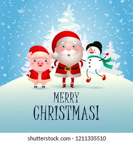 Merry Christmas with cute characters. Creative lettering with cartoon characters of Santa Claus, snowman and pig with snowy white trees. Can be used for postcards, banners