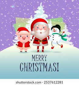 Merry Christmas with cute characters. Creative lettering with cartoon characters of Santa Claus, snowman and pig with snowy white trees. Can be used for postcards, banners