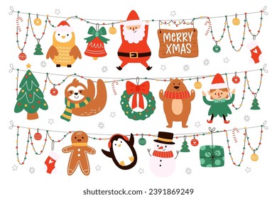 Merry Christmas cute characters hanging on rope, funny winter holiday decorations vector illustration. Colored light garland with Santa Claus, owl, gingerbread man, sloth, penguin, snowman, elf, bear