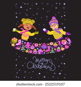 Merry Christmas. Cute children admire falling snow. Boy and girl in bright clothes with Christmas decorations and gifts. Cartoon kids enjoying the snowfall. Handwritten text. Vector illustration.