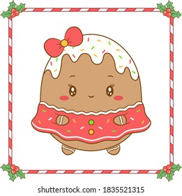 Merry Christmas cute coloring ginger cookie girl drawing with cute dress and red bow