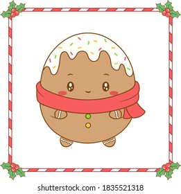 Merry Christmas cute coloring ginger cookie drawing with red scarf for winter season