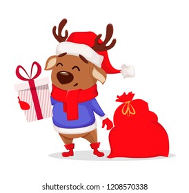 Merry Christmas. Cute deer wearing Santa Claus hat and scarf. Cheerful funny cartoon character holding gift box with present. Vector illustration on white background