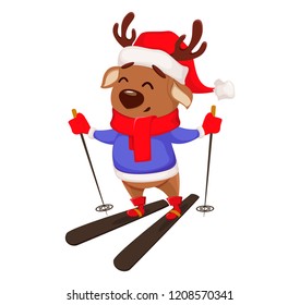 Merry Christmas. Cute deer wearing Santa Claus hat and scarf. Cheerful funny cartoon character skiing. Vector illustration on white background