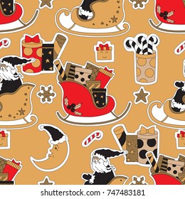 Merry Christmas cute design. Gifts in a sleigh, presents, Santa, candy and moon vector illustration. Seamless pattern background.