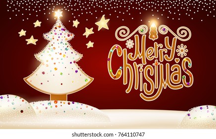 Merry Christmas Cute Design with Gingerbread Glazed Shining Christmas Trees, Candy Lettering and Snow. Vector illustration