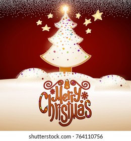 Merry Christmas Cute Design with Gingerbread Glazed Shining Christmas Trees, Candy Lettering and Snow. Vector illustration