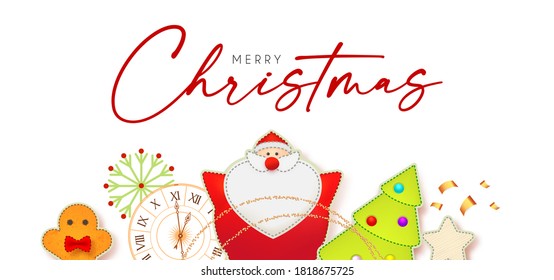 Merry Christmas cute design with Santa Claus, fir tree, clock, gingerbread man, garland and toys.