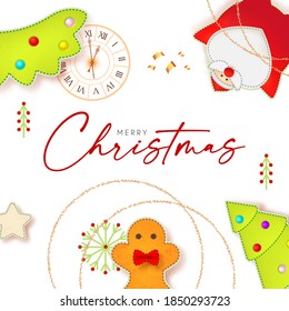 Merry Christmas cute design with Santa Claus, fir tree, clock, gingerbread man, garland and toys.
