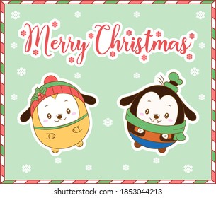 merry Christmas cute dog drawing with red berry hat and scarf card tags