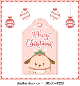 merry Christmas cute dog drawing card tag with coloring ornaments