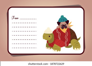 merry christmas cute dog and turtle cartoon card sticker vector illustration