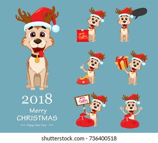 Merry Christmas. Cute dog wearing Santa Claus hat and deer antlers. Set of vector illustrations.