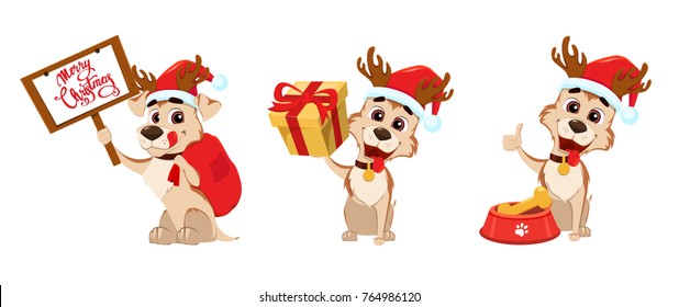 Merry Christmas. Cute dog wearing Santa Claus hat and deer antlers. Set of vector illustrations on white background.