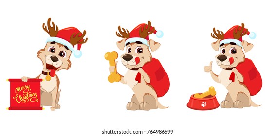 Merry Christmas. Cute dog wearing Santa Claus hat and deer antlers. Set of vector illustrations on white background.