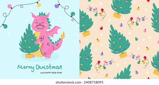 Merry Christmas cute dragon with christmas tree
