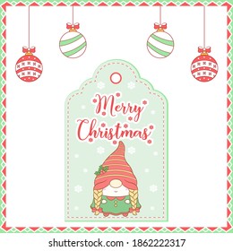 merry Christmas cute drawing gnome card tag with coloring ornaments