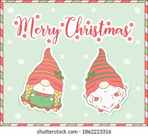 merry Christmas cute drawing gnomes card tag with snowflakes