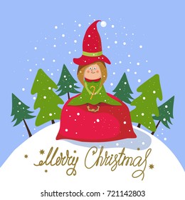 Merry Christmas. Cute Christmas elf sitting on Christmas gifts.Greeting Card.Vector illustration.