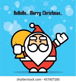 Merry Christmas. Cute fat Santa Claus carrying a bag of gift and waving hand. Vector mascot character.