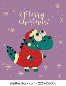 Merry Christmas with a cute flat design Dinosaur with a Santa hat and Sweater