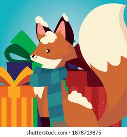 merry christmas cute fox with scarf snow and gift boxes vector illustration