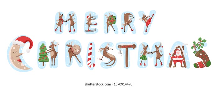 Merry Christmas!  Christmas cute funny deers  and Santa Claus characters. Vector illustration concept for background, x-mas party invitation, website banner. 