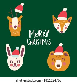 Merry christmas. Cute funny forest animals. Hand drawn illustration for greeting card, print, posters design.