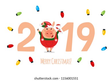 Merry Christmas with cute funny Santa pig illustration. Chinese symbol of the 2019 year. Great festive gift card. Vector illustration isolated on white.