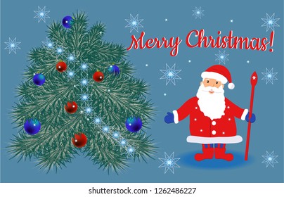 Merry Christmas. Cute funny Santa Claus with a stick next to a fluffy Christmas tree with blue and red balls. Snowflakes on a blue background. For websites, press, postcards and leaflets.Vector 