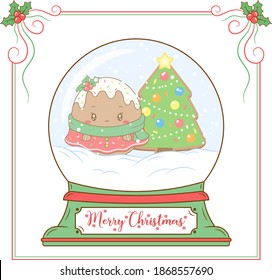 merry Christmas cute ginger cookie drawing snow globe card