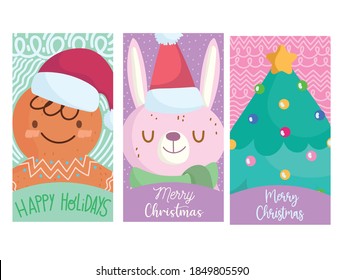 merry christmas, cute gingerbread man, rabbit and tree greeting card cartoon vector illustration