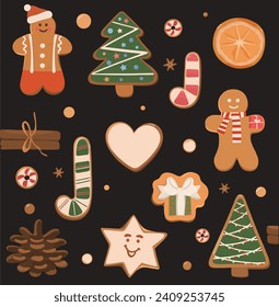 Merry Christmas. Cute Christmas Gingerbread santa and cane, xmas tree, ginger cake man, snowflake, snowman. Christmas cookie vector isolated set.