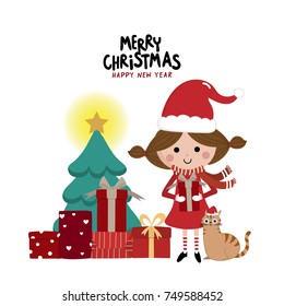 Merry Christmas with cute girl and cat vector and background