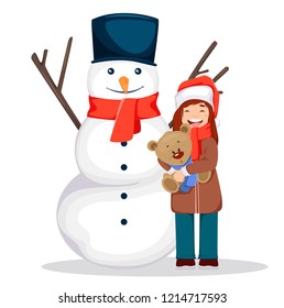 Merry Christmas. Cute girl in Santa Claus hat holding Teddy bear and standing near snowman, cartoon character. Usable for greeting card, poster, flyer. Vector illustration on white background