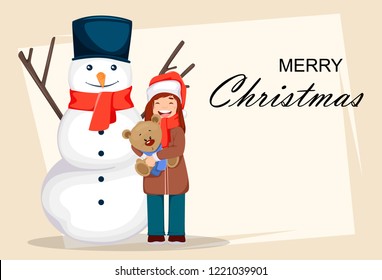 Merry Christmas. Cute girl in Santa Claus hat holding Teddy bear and standing near snowman, cartoon character. Usable for greeting card, poster, flyer. Vector illustration