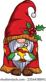 Merry Christmas With Cute Gnome holding ball. Cute Cartoon Illustration