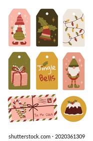 Merry christmas cute gnomes elf cake illustration vector tags for holiday gifts 