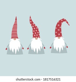 Merry Christmas cute gnomes in red hats. New year's set. Vector illustrations.