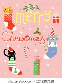 Merry Christmas. Cute greeting card with cats in socks.