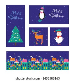 Merry Christmas cute greeting card with animals, houses and presents. Hand drawn style of posters for invitation, children room, nursery decor, interior design.