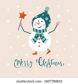 Merry Christmas cute greeting card with snowman and snowflakes for happy new year presents. Scandinavian style of posters for invitation, children room, nursery decor, interior design