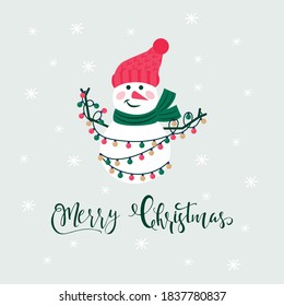 Merry Christmas cute greeting card with snowman and snowflakes for happy new year presents. Scandinavian style of posters for invitation, children room, nursery decor, interior design