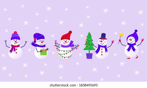 Merry Christmas cute greeting card with snowman and snowflakes for happy new year presents. Scandinavian style set for invitation, children room, nursery decor, interior design, stickers