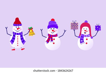Merry Christmas cute greeting card with snowman and snowflakes for happy new year presents. Scandinavian style set for invitation, children room, nursery decor, interior design, stickers